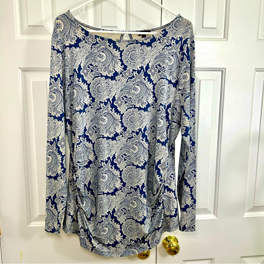 Talbots Blue & Cream Paisley Long Sleeve Ruche Sides Tunic Top Size XL